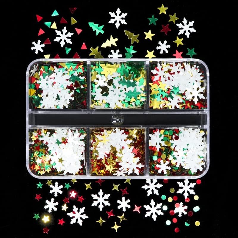 6 grades de Natal luminárias de neve lantejoulas de unhas brancas flocos de flocos de glitter manicure