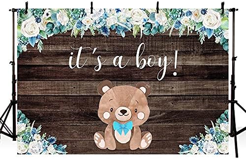 ABLIN 8x6ft Blue Roses Boy Baby Churche Cenário É um menino urso floral urso de madeira rústica piso