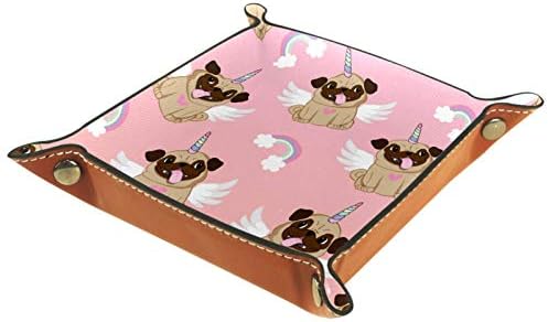 Cartoon Pug Pug Unicorn Wing Pattern Organizer Office Microfiber Couro Bandejas de armazenamento prático