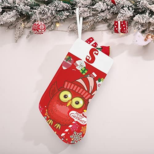 Monogram Santa Owl Christmas Stocking com cartas e coração 18 polegadas grandes vermelhas e brancas