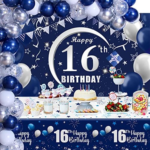 Decorações de aniversário de 16 anos de Hulaso para meninos e meninas com pano de fundo, toalha de mesa, balões,