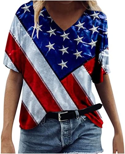 Camisetas de bandeira dos EUA para mulheres do Dia da Independência Tops de verão Camisetas de pescoço curto