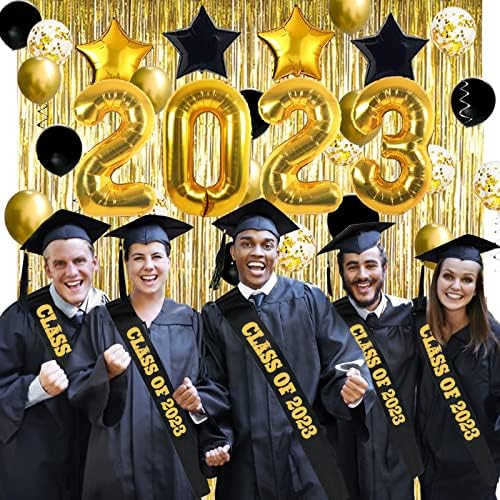 Linha de graduação preta com a classe de letra de glitter dourado de 2023, festa de formatura 2023, decorações