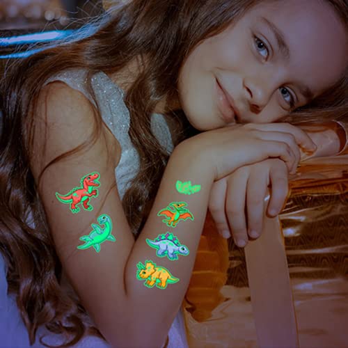 5 folhas Dinosaur Glow Tattoos temporários para crianças, desenho animado brilho nos adesivos de corpo escuro,