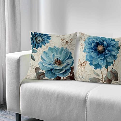 Conjunto de 4 fazendas de travesseiro de arremesso de flores azul de fazenda Tampas de travesseiro de 18x18 polegadas