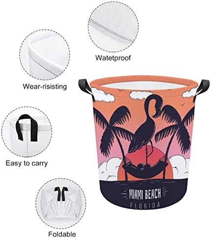 Lavanderia cesta de miami praia pôr do sol com lavanderia de silhueta flamingo com alças cesto dobrável Saco