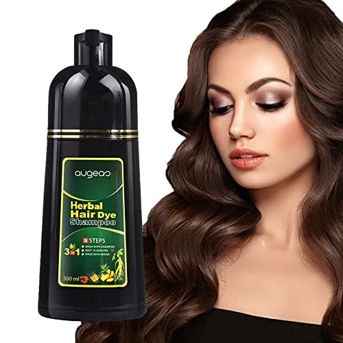 Shampoo de tinta de cabelo castanho escuro para cabelos grisalhos shampoo de cor de cabelo instantâneo 3 em 1 para mulheres e homens augeo, ingredientes de ervas cobertura de cabelo grisalho 500ml