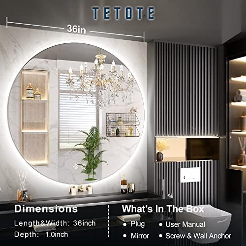 Tetoto espelho de 36 polegadas redondo iluminado para banheiro, espelhos de círculo de LED com luzes, segurança