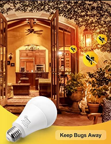 Lâmpadas de LED amarelas [4 pacote], lâmpada A19 Bug do lado de fora, luzes de inseto E26 reduzíveis de 2000k 10W não extraídas, amarelo para luzes de varanda para casa, iluminação decorativa de Halloween