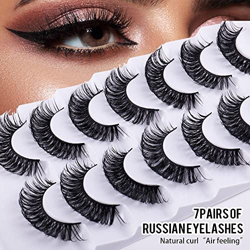 7 pares de cílios russos de tira, D Curl Cat Eye Lashes 6D cílios falsos, visões naturais reutilizáveis