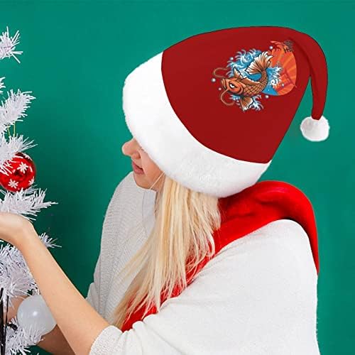 Vintage Koi Fish Plexush Chat Chatch Chapéu travesso e bom Papai Noel com borda de pelúcia e decoração