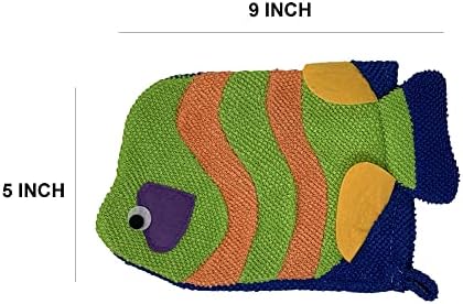 Loofah Lord 4 Luvas de peixe coloridas pano e bucha para crianças ou adultos banheiros ou chuveiro peixe e cores