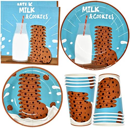 Milk and Cookies Party Supplies Tableware Conjunto 24 9 Placas 24 7 Placa de sobremesa 24 9 oz. Xícaras