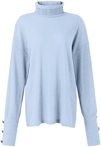 Suéteres de algodão feminino Turtleneck Top Pullover solto botão para cima de manga comprida Camisa