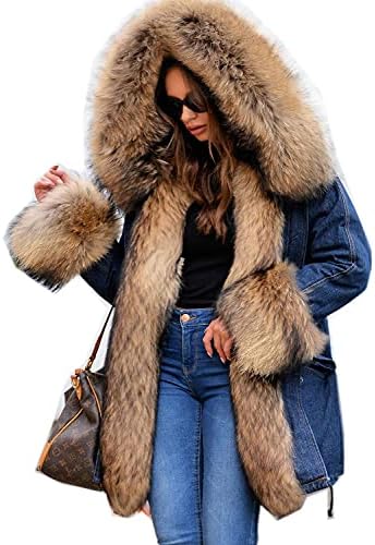 Roiii feminino jeans de inverno espeto de pele falsa com capuz mais tamanho parka casaco de jaqueta size
