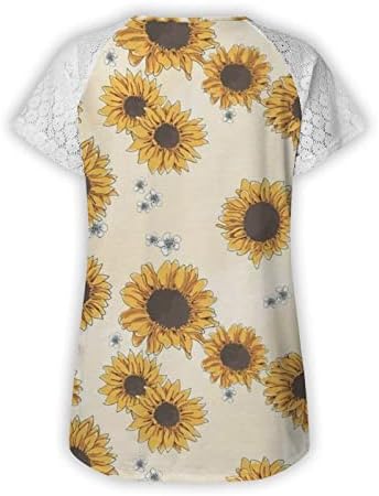 Tampas de manga curta de renda para mulheres boho camisetas de impressão floral redonda pescoço básico tee de