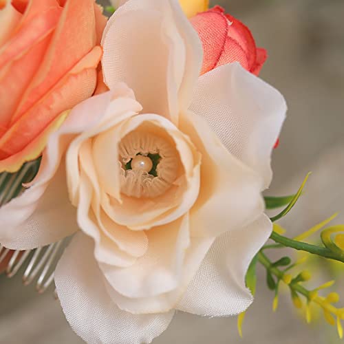Fangsen Wedding Orange Ivory Rose Flor Flor Comb Boho Cabelo de casamento Acessório para mulheres