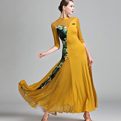 Women Stand Collar Water Drop Back Big Floral Stitching Waltz Waltz Spanish Flamenco Foxtrot Dressos
