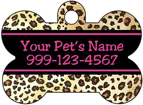 udesignusa animal impressão cã tag tet tag personalizado com nome e número de cão de impressão leopardo osso