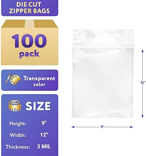 Sacos de zíper de corte APQ 9 x 12, pacote de 100 sacolas claras com alças, sacos poli reclosáveis ​​com
