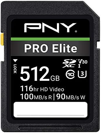 PNY 512GB PRO ELITE CLASSE 10 U3 V30 SDXC Flash Memory Card - 100MB/S, Classe 10, U3, V30, 4K UHD, Full