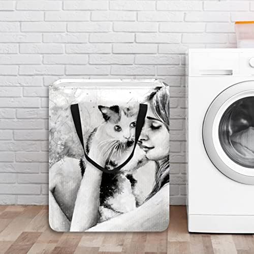 Beleza menina e gato estampa de estampa de gato lavanderia cesto, cestas de lavanderia à prova