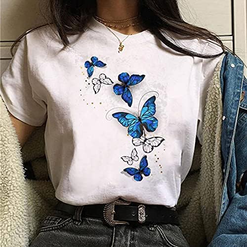 Verão feminino de borboleta impressão de t-shirt moderna de manga curta no pescoço redondo blusas gráficas