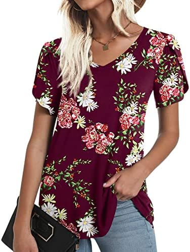 Camiseta de blusa para meninas manga curta vil de pescoço de pescoço impressão de algodão Floral Fit