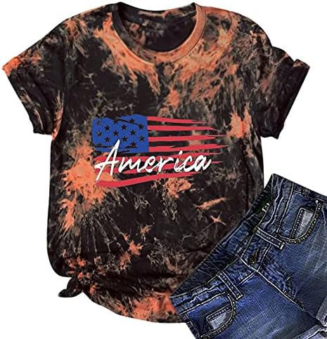 Lcepcy Womens American Flag Star Camisetas listradas de manga curta Dye Tye Tye camisetas 4 de julho