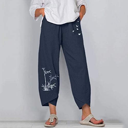Calças de linho de algodão casual de verão para mulheres calças de perna reta larga de pernas altas