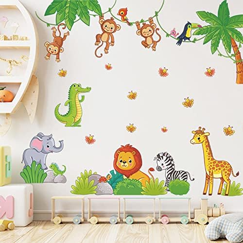 Wallpark Cartoon Zoo decalques de parede Monkey Elephant Lion Giraffe Setores de parede, crianças infantil