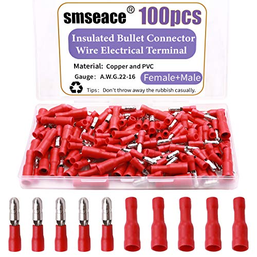 SMSEACE 100pcs Conectores de bala Terminal isolado fêmea e masculino 16-14awg conectores de fio