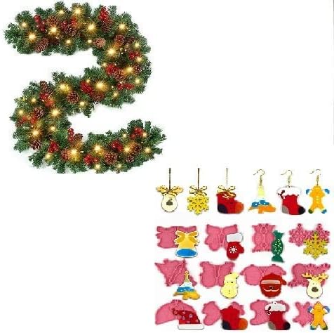 Doreenbow Pacotes-christmas Garland artificial com luzes e kit de brinco de chave de chave de resina de Natal