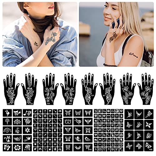 24 lençóis kit de estêncil de tatuagem de hena 270+pcs, henna estêncils reutilizáveis ​​de tatuagem
