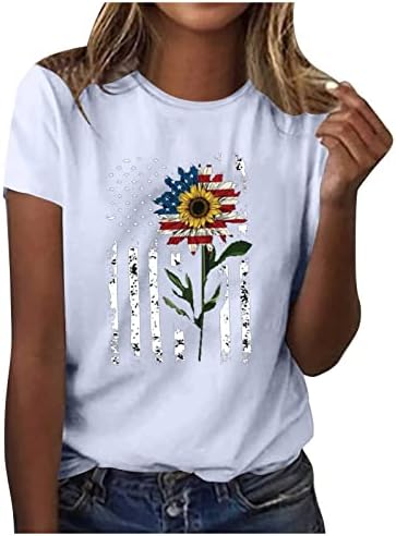 Tops femininos de girassol em 4 de julho Camisa de verão Summer Short Manves Crewneck Camisetas USA Prind