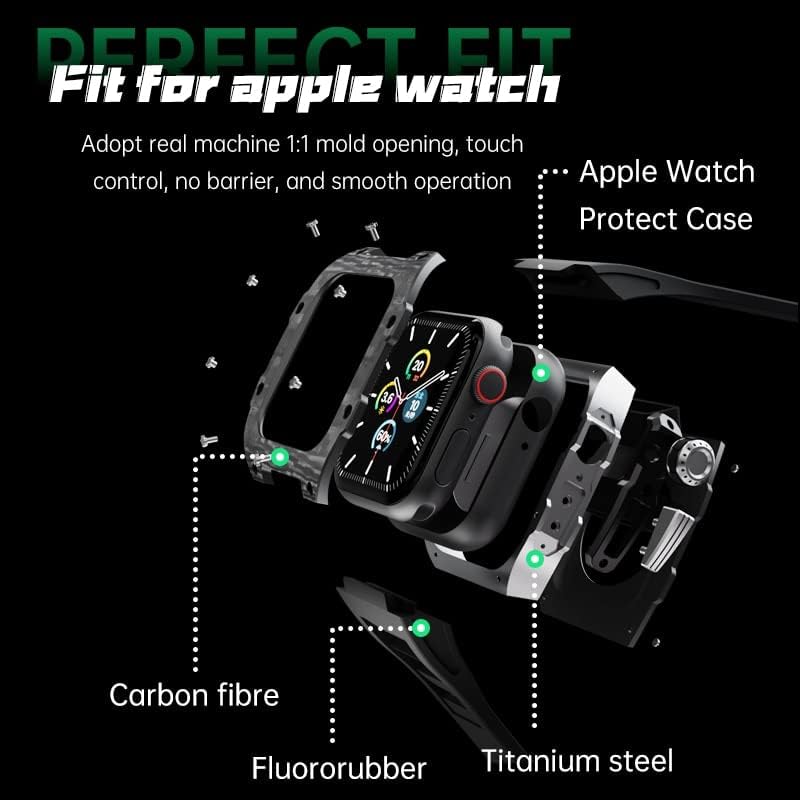 NEYENS Real Carbon Fiber Case Kit para Apple Watch Series 7 6 SE 5 4 Caixa de aço inoxidável+alça de borracha