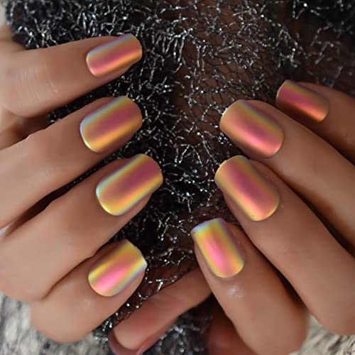 Coolnail Chrome Pink Gold Gold Short Fake Nails Rainbow Squoval Gel False Press On Unhes para Girl Capa Completa