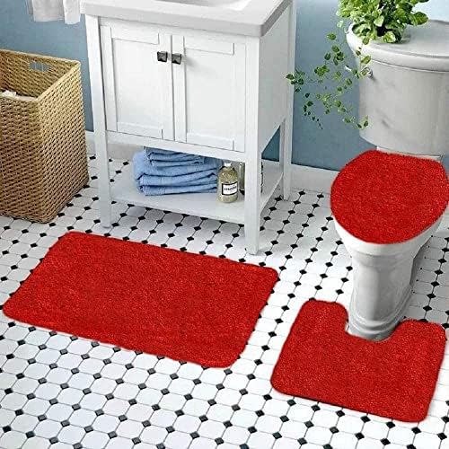 Conjunto de tapetes de banheiro macio de 3 peças ， contorno de vaso sanitário em forma de U Red Matm, tapete