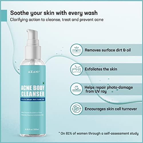 Cleanser do corpo da acne unissex de azani para bacne, acne nos ombros, pescoço e peito | 2% de ácido salicílico