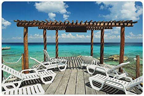 Ambsosonne Travel Pet Tapete Para comida e água, praia Sunbeds Ocean Sea Sea com madeira parece impressão
