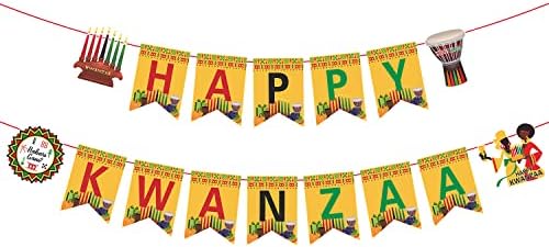 JKQ Happy Kwanzaa Banner com Candlesticks Unity Cup Drum Signs Africa Heritage Paper Holiday Paper Banner