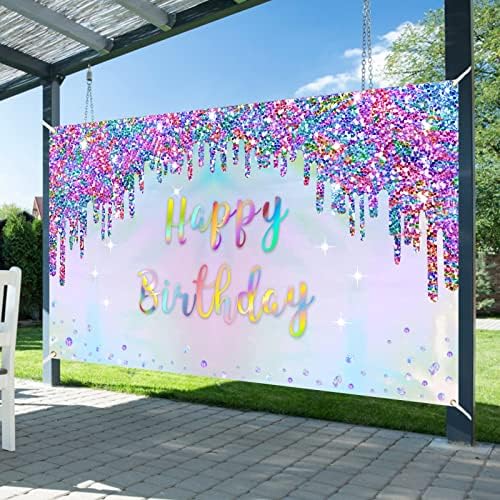 Iridescent Party Supplies Decorações de faixas de aniversário holográficas, arco -íris decoração de sinal