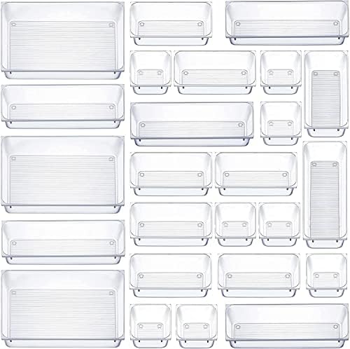 O conjunto perfeito de 25 caixas/organizadores de gavetas transparentes - todos os tamanhos que você