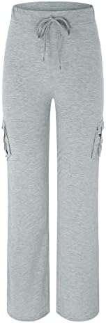 Mulheres elásticas da cintura ioga calças casuais calças de cargo de pernas largas com bolsos puxados com
