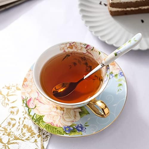 Panbado Bone China China de 19 peças Gold de chá com aro de chá de xícaras de copos de colheres e serviço