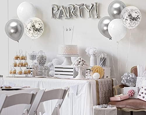 Bezente White Silver Balloon Garland Kit, 100pcs White Silver Metallic Chrome e Balões de Confetes de Prata com fita de balão para casamento, baile, decoração de festas de eventos especiais.