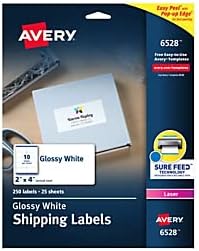 Etiquetas de remessa Avery, Tecnologia de Feed S4, somente a laser, 2 x 4, 250 rótulos brilhantes