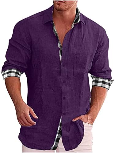 Camisas masculinas Tops moda Moda Plus Size Plaid Patchwork Linen Turndown de manga longa Botão do