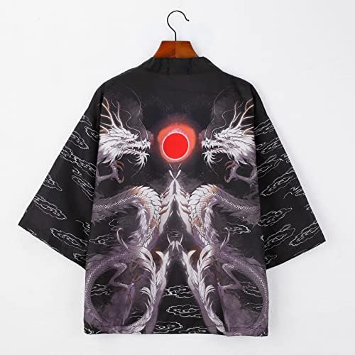 Cardigan de quimono japonês beuu para masculino, solto aberto 3/4 de manga Dragão leve manto casual casual