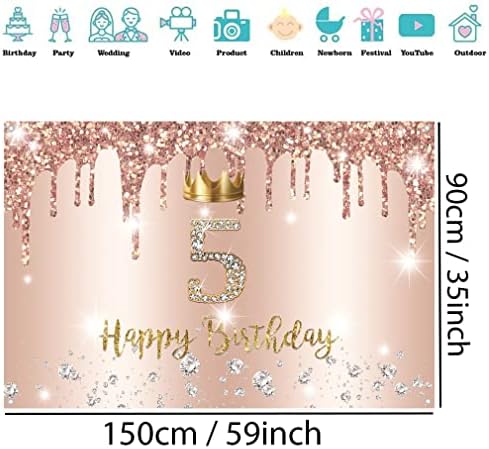 Feliz 5º aniversário decorações de banner de pano de fundo para meninas de 5 anos de decoração de tecido de tecido